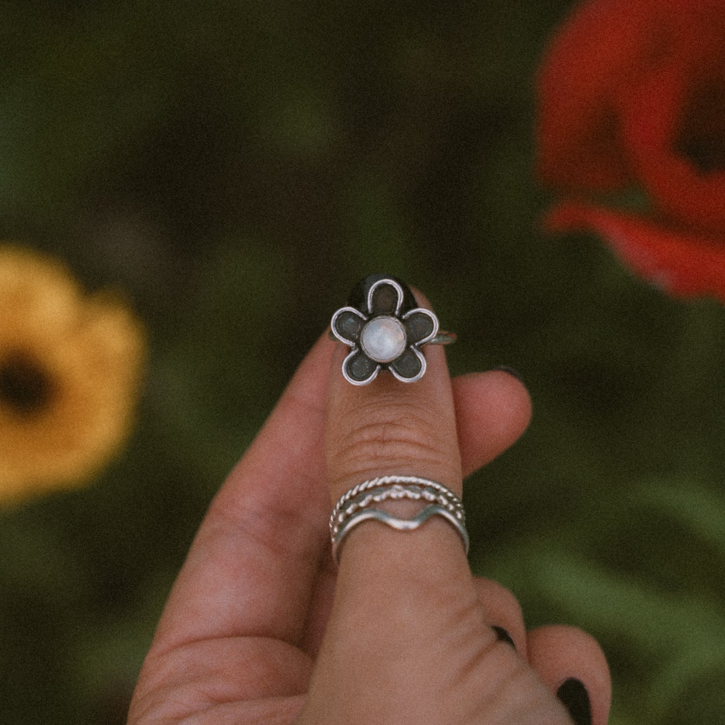 Flower Ring — Rainbow Moonstone — Size 5