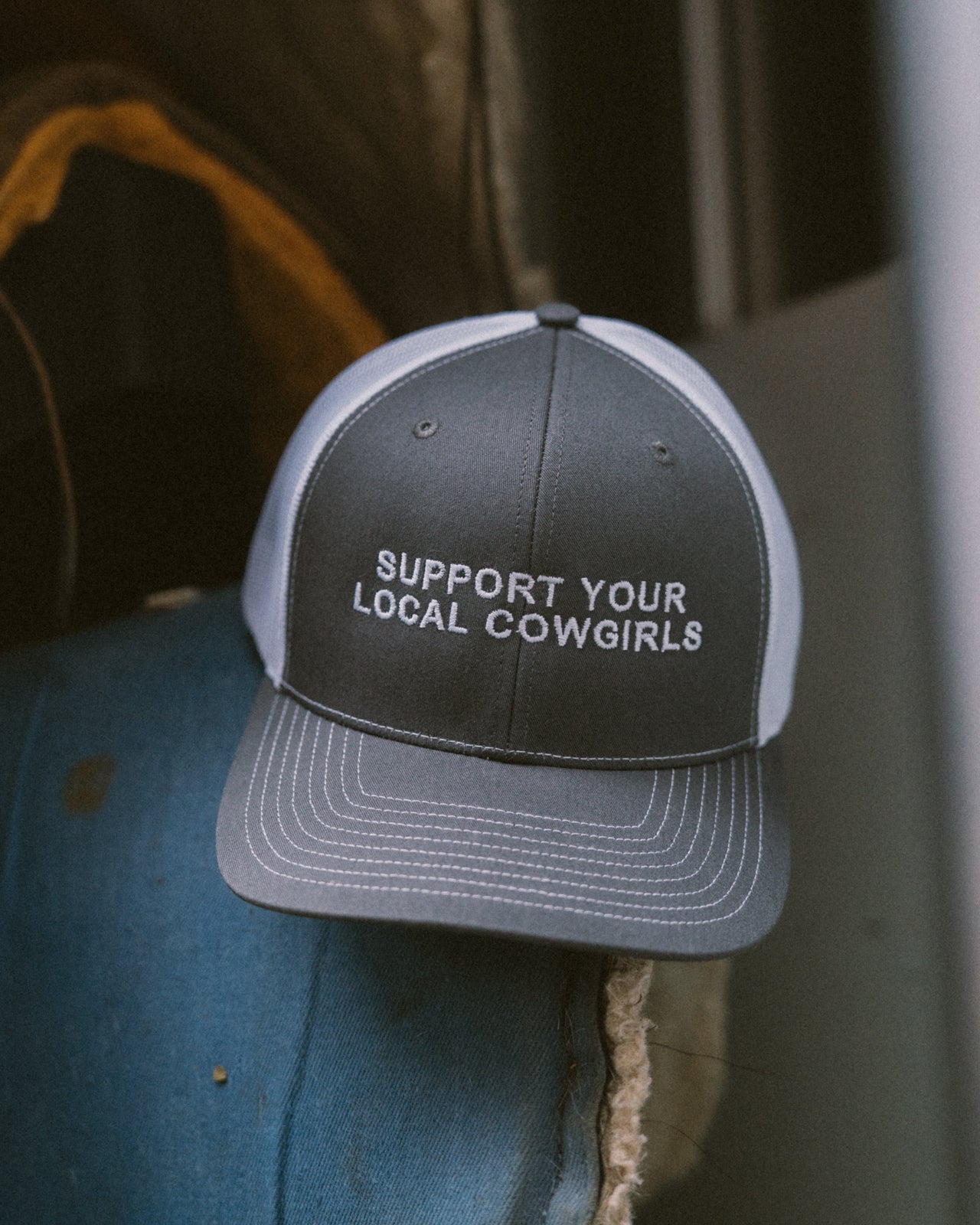 Support Your Local Cowgirls Gray And White Trucker Hat